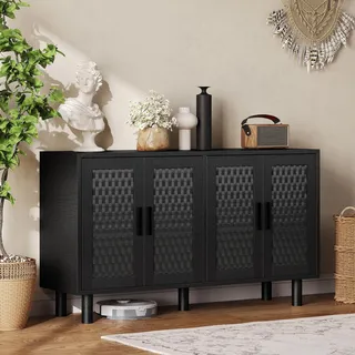 UnboxG Sideboard Schwarz 140x40x80 cm, Massivholz Aufbewahrungsschrank mit 4 Türen, Modernes Highboard Schrank für Wohnzimmer Esszimmer Flur