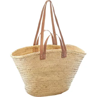 Kobolo -Tasche Korbtasche Palmblatt mit Ledergriffe und Lederhenkel - 55x21x36 cm - Natur braun beige -Handtasche Shopper Strand Umhänge Korbtasche - Braun