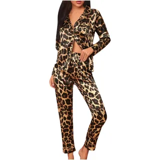 TRIGLICOLEUM Schlafanzug Set Damen Pyjama mit Leopardenmuster Lässiges Nachthemd mit Umlegekragen Bequeme Langärmlige Homewear Zweiteilige Nachtwäsche Warm Button Loungewear +Lange Hosen