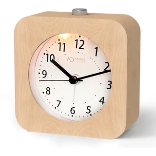 aboveClock Analog Wecker Ohne Ticken - Holz mit Snooze und Nachtlicht, Batteriebetrieben, Retro Tischuhr (1*AA-Batterie Benötigt) - Naturholz in Braun