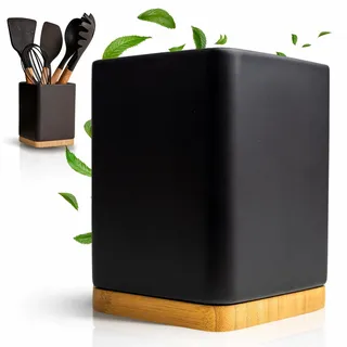 KOOK TIME Küchenutensilienhalter - Utensilienhalter küche aus keramik und Bambus - Quadratischer küchenhelfer aufbewahrung - Schwarz - 10,5 x 10,5 x 15 cm
