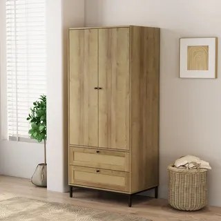 otto home »Motala Schlafzimmerschrank Garderobe Boho Eichen-Design Bestseller« Moderne schwarze Griffe, Schublade mit Geflecht, Schlafzimmerschrank mit 2 Türen und 2 Schubladen