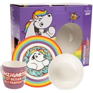 United Labels Pummel & Friends Pummeleinhorn 3-teiliges Geschirrset, Rainbow, Frühstücksset aus Porzellan mit Teller Ø 19 cm, Tasse 220 ml und Schale 330 ml, Geschirr Set