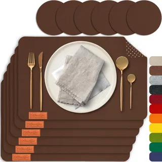 MAHEWA® 6er Set Premium Tischset Platzset aus Filz rutschfest Ab-waschbar und Waschmaschinenfest Eckige Platzdeckchen Teller-Untersetzer Filzset Tisch-Matten Platz-Matten (Braun, 6er Set)