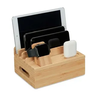 Relaxdays Ladestation, für Apple Watch, Bambus, HxBxT 11 x 17 x 13 cm, Handystation, Tablethalter, Uhrenständer, natur