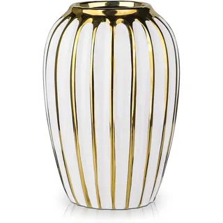 Hollyone Weiß & Gold Keramikvase für Blumen, Dekorative Blumenvase, Moderne Vertikale Streifen Vasen, Gerippte Strukturierte Blumenvase für Schlafzimmer, Büro, Wohnzimmer, Bad, Tisch Centerpiece