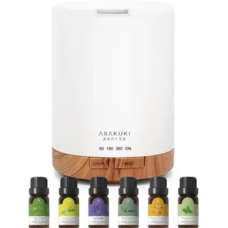 ASAKUKI 300ML Aroma Diffuser mit 6 * 10ML Ätherische Öle Set, Ätherische Öl Diffuser,Ultraschall-Luftbefeuchter für Home Office, 15 Farbe LED mit 4 Timer Einstellung