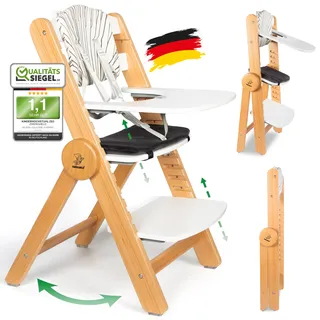 ZWERGHELD® Premium Kinderhochstuhl ZS3 Set - mitwachsend klappbar verstellbar, Hochstuhl Baby ab 6 Monaten bis 90kg belastbar, mit Essbrett - Treppenhochstuhl Kinderstuhl Holz High Chair (weiß-natur)