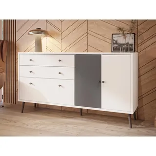 Forte Harllson, einfache Montage Dank EasyKlix Kommode Weiß mit Uni Wolfram Grau, Sideboard mit 2 Schubladen und 3 Türen, skandinavischer Stil, Retro, 160 cm breit x 86 cm hoch x 41 cm tief
