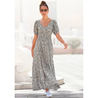 Maxikleid VIVANCE "mit Blümchendruck und V-Ausschnitt", Damen, Gr. 34, N-Gr, grau (grau, bedruckt), Web, Obermaterial: 100% Viskose, geblümt, figurbetont bodenlang, tiefer V-Ausschnitt, Puffärmel mit Gummizug, Kleider Maxikleid, luftiges Sommerkleid, langes Webkleid, Druckkleid, Topseller
