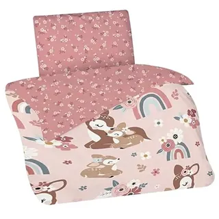 Aminata kids Kinderbettwäsche 100x135 Mädchen REH-Kitz Waldtiere Tier-Motiv Kinder-Wende-Bettwäsche-Set mit Regenbogen rosa braun Baby