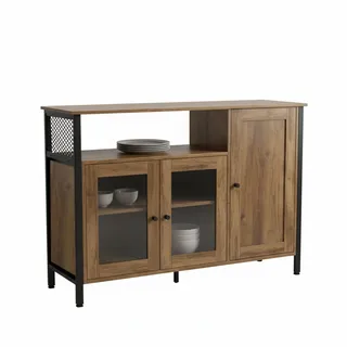 Relaxdays Küchenschrank mit Glastüren, HBT: 75 x 110 x 33 cm, Sideboard Küche, Anrichte, Holzwerkstoff, Stahl, Farbwahl