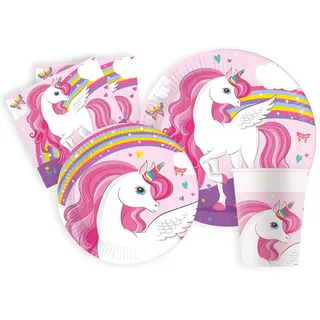 Partygeschirr Party-Set Einhorn Unicorn Rainbow Colors für 8 Personen (44 pcs: 8 Pappteller Ø23cm, 8 Pappteller Ø20cm, 8 Becher 200ml, 20 Servietten 33x33cm) aus FSC Papier
