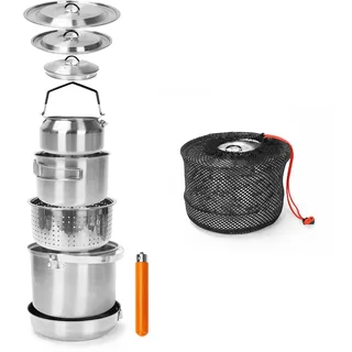 GFTIME Camping Kochset Camping Kochgeschirr aus Edelstahl, Camping Topf Pfanne Set, Camping Töpfe für Campingkocher, 5-teilig