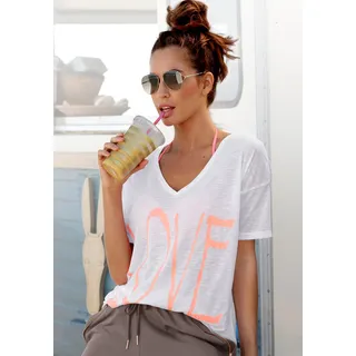 V-Shirt VIVANCE, Damen, Gr. 32/34, bunt (weiß, neonorange), Slub, Obermaterial: 65% Polyester, 35% Viskose, leicht transparent, unifarben, figurumspielend hüftlang, V-Ausschnitt, Shirts V-Shirt, mit Neonprint, T-Shirt, Strandshirt in lockerer Passform, Topseller