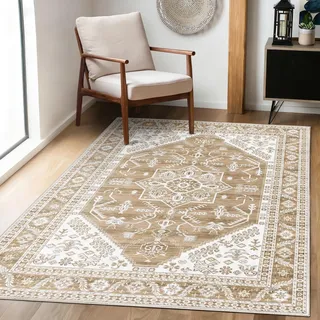 Achiiso Gelb Braun Wohnzimmerteppich Waschbar 140X200cm Teppiche | Kurzflor, Rutschfest, Boho, Vintage, für Küche, Innenbereich, Schlafzimmer, Esszimmer, Eingangsbereich, Kinderzimmer