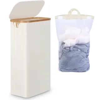 efluky Wäschekorb Schmal 63L, Schlanker Wäschekorb mit Deckel, Beige Faltbare Wäschebehälter mit Bambusgriffen und abnehmbarem Beutel für Waschküche, Schlafzimmer, Badezimmer