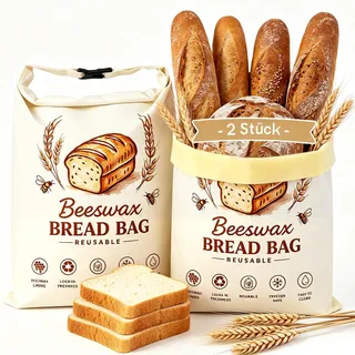 Bienenwachs Brotbeutel, 2 Stück Wiederverwendbare Bienenwachsbeutel 43×33cm, Natürliche Brotbeutel aus Baumwolle und Bienenwachs mit Reißverschluss & Schnalle, für Selbstgebackenes Brot & Backwaren