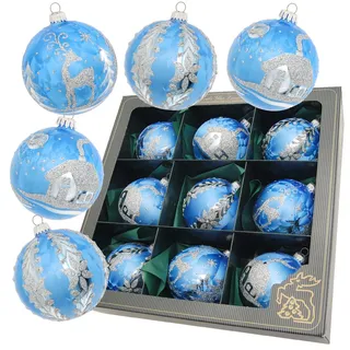 Krebs Glas Lauscha - Weihnachtsdekoration/Christbaumschmuck aus Glas - Weihnachtskugeln - Farbe: Blau Eislack - 9 Stück - Größe: ca. 8 cm