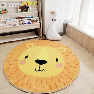 AIMECO Kinderteppich Rund 100cm | Löwe Motiv Gelb | Weicher Kaschmir-Look | rutschfest & Pflegeleicht | Spielteppich für Kinderzimmer, Mädchen Schlafzimmer & Wohnzimmer Deko