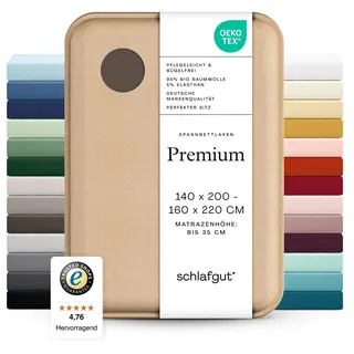schlafgut Premium Spannbettlaken 140x200 cm Bio-Baumwolle, Sand Deep | Bettlaken, Spannbetttuch 160x200, 160x220 cm, Sand, Mako Zwirn-Jersey 220 g/m2, bis 35 cm Steg, blickdicht, Made in Green