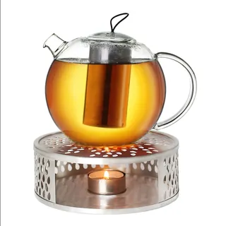 Creano Teekanne aus Glas 1,5l Jumbo + EIN Stövchen aus Edelstahl, 3-teilige Glasteekanne mit integriertem Edelstahl Sieb und Glasdeckel, ideal zur Zubereitung von losen Tees, tropffrei