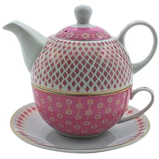 Porzellankanne, Tea for one Set, Servierkanne für Tee, Teekanne, Teeservice, Teetasse mit Teekanne, Teekannen-Set Retrooptik mit Teetasse aus Porzellan in Pink und Gold, L/B/H 15 x 15 x 16 cm.