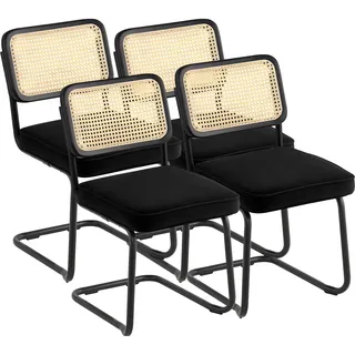Vevor Rattan-Stühle, 4er-Set, Mid-Century Modern Esszimmerstuhl, gepolsterter Samt-Akzentstuhl mit Rattan-Rückenlehne, Retro-Esszimmer-Küchenstuhl für Wohnzimmer, Schlafzimmer, Lesezimmer, Büro, Schwarz
