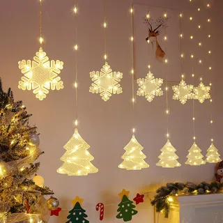 BLOOMWIN Weihnachtsbeleuchtung Fenster Lichtervorhang Innen, 2M 160 LED Weihnachtsdeko Fenster Beleuchtet, Schneeflocken Weihnachtsbaum Lichterkette Deko, Weihnachten Fensterbeleuchtung, Warmweiß USB
