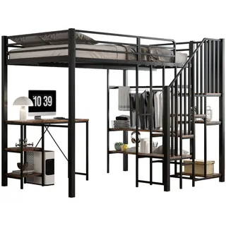 Modfu Etagenbett aus Metall und MDF 120x200 cm Schwarz mit Schreibtisch, Regal, offenem Kleiderschrank und Eckleiter , Holzwerkstoff , 120x200 cm , Babymöbel & Kindermöbel, Kinderzimmer & Jugendzimmer, Stockbetten