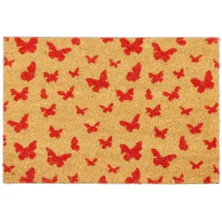 Relaxdays Fußmatte Kokos, 40x60 cm, Kokosmatte, Schmetterling Motiv, rutschfest, Schuhabtreter, innen & außen, natur/rot