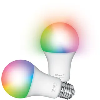 Trust E27 Smart Lampe, Farbwechsel E27 LED Birne, Leuchtmittel für Alexa und Google Home, Kein Hub Erforderlich, 2.4GHz Glühbirne RGB, WI-Fi Lampe, Weiß und Farbig - 2er-Pack