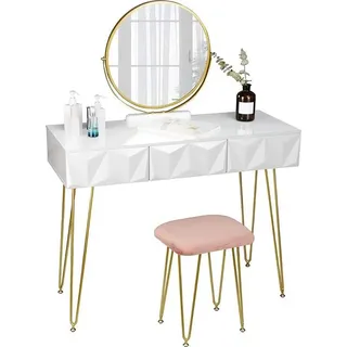 Eugad Schminktisch mit Hocker und Spiegel, 360 Grad drehbar, Schminkspiegel, Schminktisch mit 3 Schubladen, gepolsterter Samt-Hocker, Schublade mit 3D - Silber, Rosa