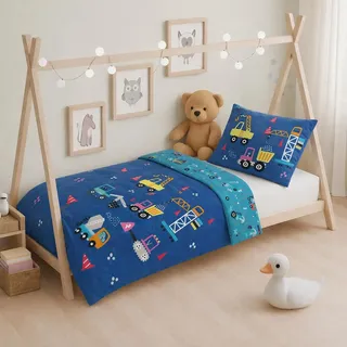 texpot Kinderbettwäsche Set 100 x 135 + 40 x 60 cm Motiv Baustelle 100% Baumwolle Reißverschluss pflegeleicht
