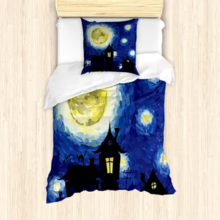 ABAKUHAUS Mond Mantele, Landhäuser Vollmond, Milbensicher Allergiker geeignet mit Kissenbezügen, 135 cm x 200 cm - 80 x 80 cm, Dunkelblau, Schwarz, Gelb