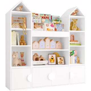 IRONCK Kinderregal, Bücherregal Kinder mit 4 Türen, Spielzeugregal Holz, Burgendesign Aufbewahrungsschrank, Spielzeugschrank, Kinderzimmer Möbel, 10 offene Regalböden, 123.5x33x127cm (Weiß)