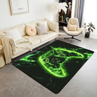 Loussiesd Teens Teppich 150x200cm Blitz Gamepads Wohnzimmerteppich Jungen Super Weichationen Gamer Modern Teppich Gaming Outdoor Teppich Grün Schwarz Modern Teppich Spielkonsolen Controller