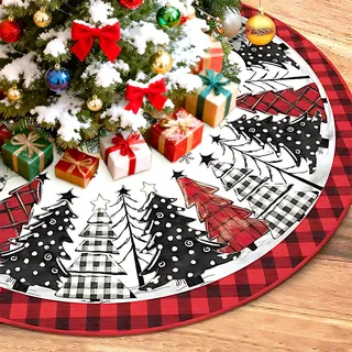 Huahuanghui Weihnachtsbaumdecke Rund 120cm/47zoll, Rote & Schwarze Büffelkaro, Weihnachtsbaum Motiv, Christbaumdecke, Baumdecke, Feiertagsfeiern