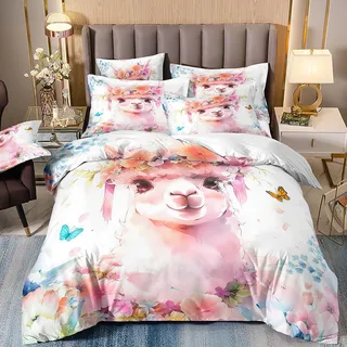 VOGIAY Bettwäsche 135x200, Alpaka und Floral Drucken Muster Kind Bettwäsche Set, Jungs Mädchen Cartoon Tier Bettbezug aus Mikrofaser mit 1 Kissenbezug 80x80 Dekor Bettdeckenbezug
