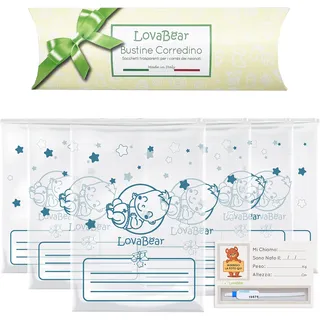 Lovabear 6 Beutel für Neugeborene – Säckchen für Krankenhäuser zur Geburt, Verschluss mit luftdichtem Schieber, GripLock 6 Stück, transparent für den ersten Wechsel Kleidung Tasche Geburt, Jungen