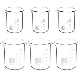 6 Stück Abgestufter Messbecher Glas Becherglas 50ml 100ml Set für Labor-Messbecher Küche
