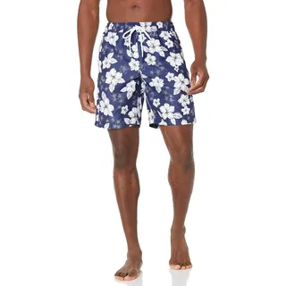 Amazon Essentials Herren Badeshorts Lang - Badehose Herren 23cm mit Netzfutter, Taschen und Kordelzugverschluss, Navy Hibiscus Print, S