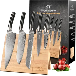 NANFANG BROTHERS Messerset, 6-teilig aus Damaszener Stahl VG10 Küchenmesserset mit magnetischem Holzhalter, ergonomischer Griff aus ABS Für Kochmesserset, professionell