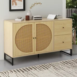 okwish Sideboard mit 2 Rattan verzierten Türen und 2 Schubladen Kommode Küchenschrank, Mehrzweckschrank, Highboard mit Metallgriffe, für Schlafzimmer & Wohnräume & Büro Natur