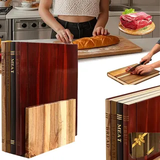 Schneidebrett Bibliothek Buchschneidebrett 4 Stück Schneidebrett Holz Set Mit Ständer, Book Shaped Cutting Board, Cutting Boards That Look Like Books Für Kochen Koch Obst Fleisch (4)
