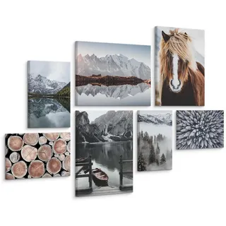 Muralo Leinwandbilder 7-er Set Landschaften 3D , Blau, Grün, Schwarz, Weiß, Beige, Braun, Grau , Textil , Landschaft/Berg, Baum/Pflanze/Natur, Tiere , Rechteckig , 110x80 cm , Bilder & Rahmen, Bilder