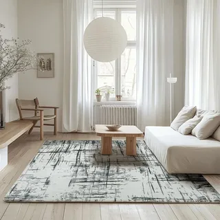 Calore Teppich Wohnzimmer Kurzflor Teppich Schlafzimmer rutschfest Weich Moderner Wohnzimmerteppich Große Teppiche (Abstrakt grau/weiß/schwarz, 160 x 200 cm)
