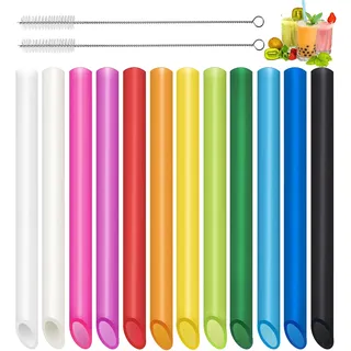 Annvchi 12 Stück Strohhalme Wiederverwendbare Bubble Tea mit 2 Reinigungsbürsten, Farbige Spitzes Dicke Trinkhalme Plastik, Geeignet für alle Arten von Smoothie Milchshakes (13mm×25.5cm)