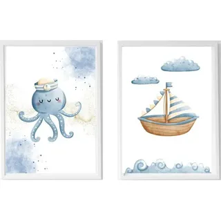 Crochetts Set aus 2 Kinderbildern mit Oktopus und Boot LMN-94-C