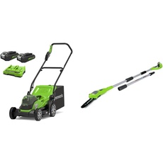 Greenworks Akku-Rasenmäher+Akku-Hochentaster G24PS20 (Li-Ion 24V 20cm Schwertlänge 6,7m/s Kettengeschwindigkeit bis zu 280cm Alustange 3-teilig